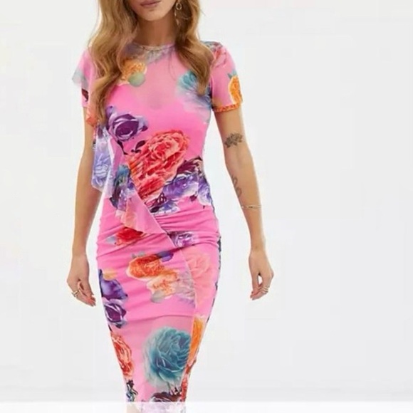 Asos Pink Floral Mesh Bodycon‎ Illusion Midi Dress Size 6 Ruffle Lined Stretch - Picture 1 of 15